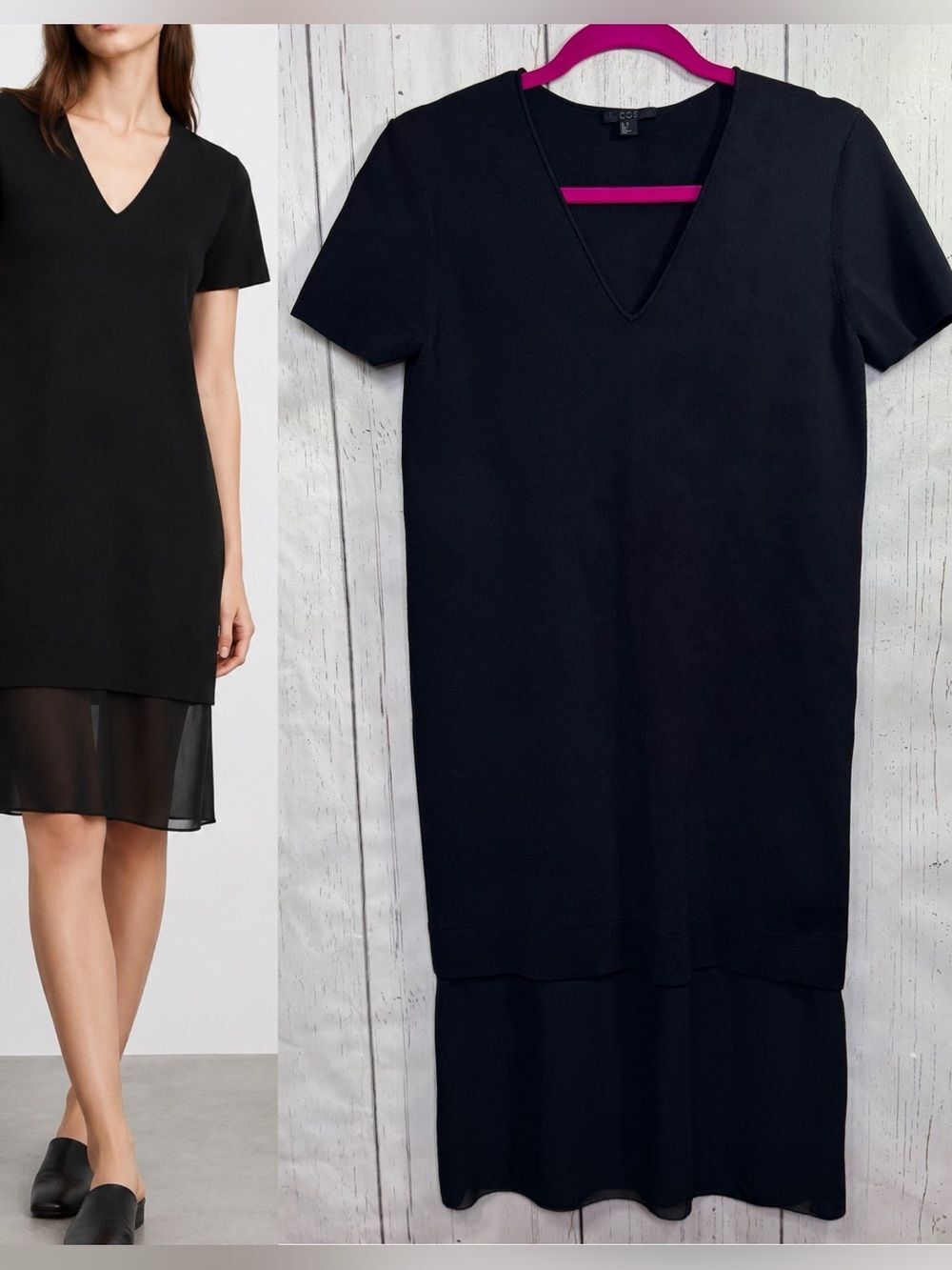 COS Black Minimalist V Neck Midi Dress Modern Scandinavian Quiet Luxury Size XS